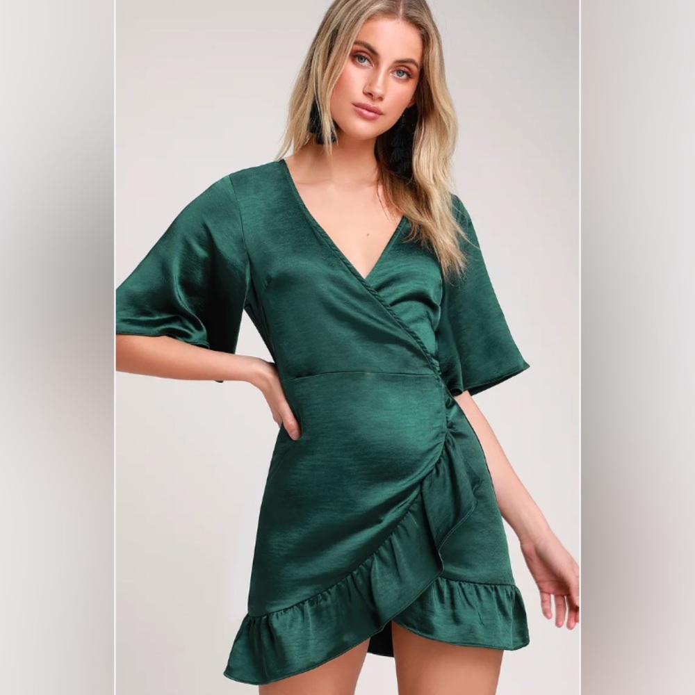 Dark Green Satin Mini Wrap Dress